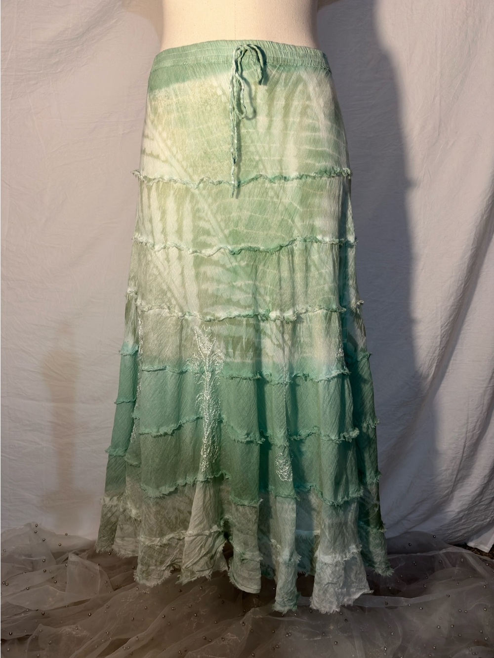 Metrowear 100% Cotton Boho Maxi Skirt Green Tie Dye Tiered Festival Medium